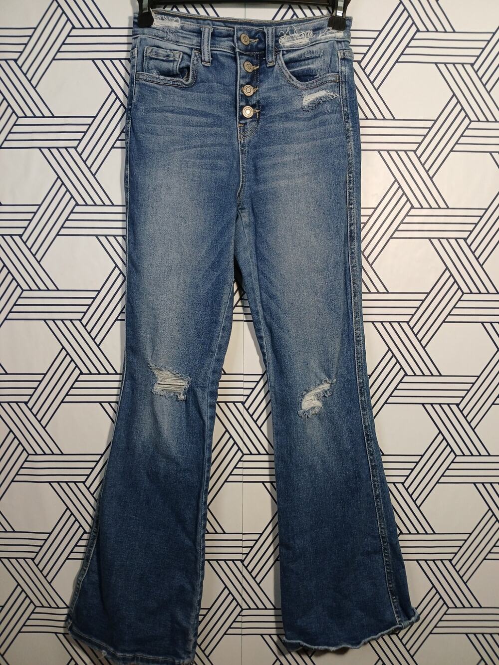 Flying Monkey High Rise Button Fly Bootcut Jean Stretch Distressed Western Chic